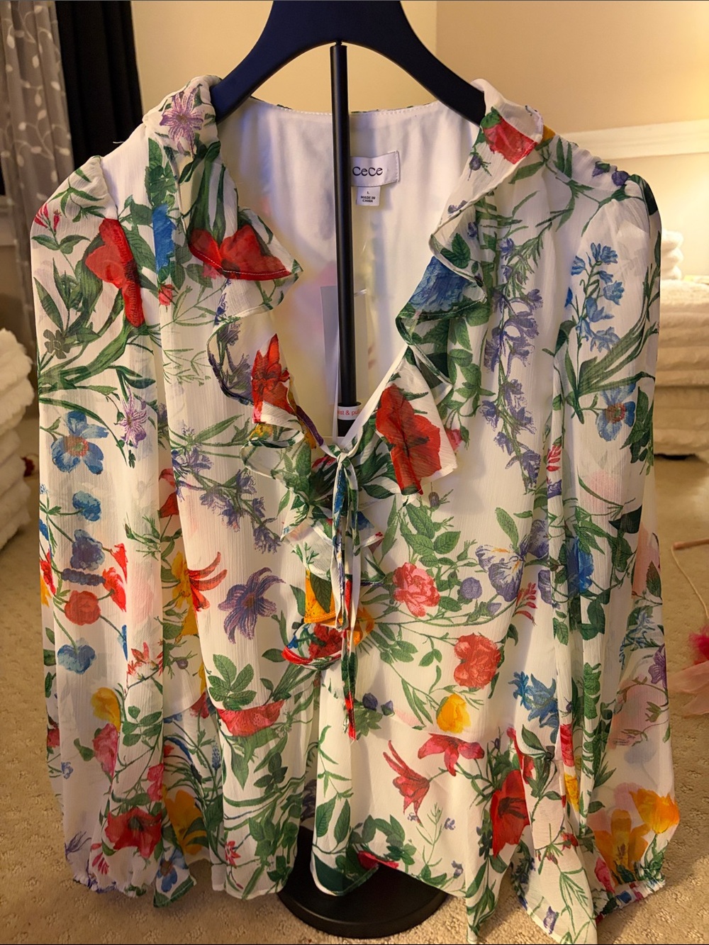 CeCe White Floral Ruffle Tie-Front Blouse with Multi-Color Print